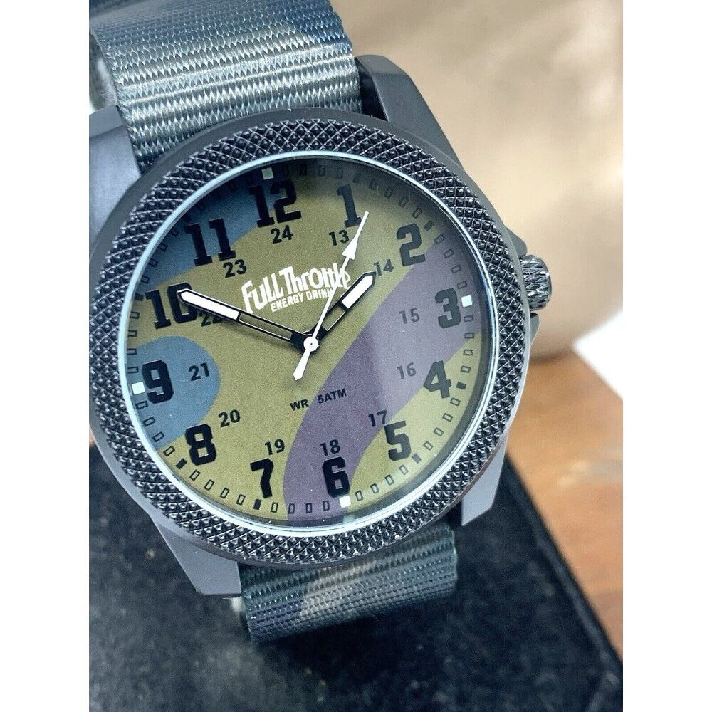 Full Throttle Energy Drink Men's Watch Quartz Black Case Camo Nylon Strap 42mm